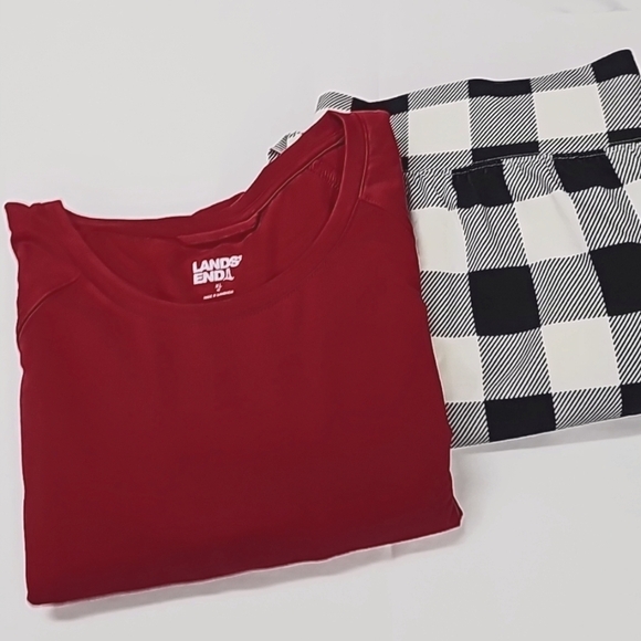 Lands' End Fleece Lined Leggings & LS Tee, Buffalo Plaid Blk White, Red XL 18 - Picture 1 of 12
